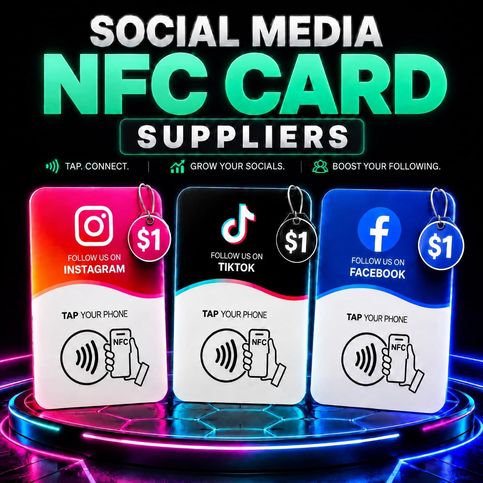 Social Media NFC Card Supplier — three NFC cards for Instagram, TikTok, and Facebook, each reading “Follow us on…”